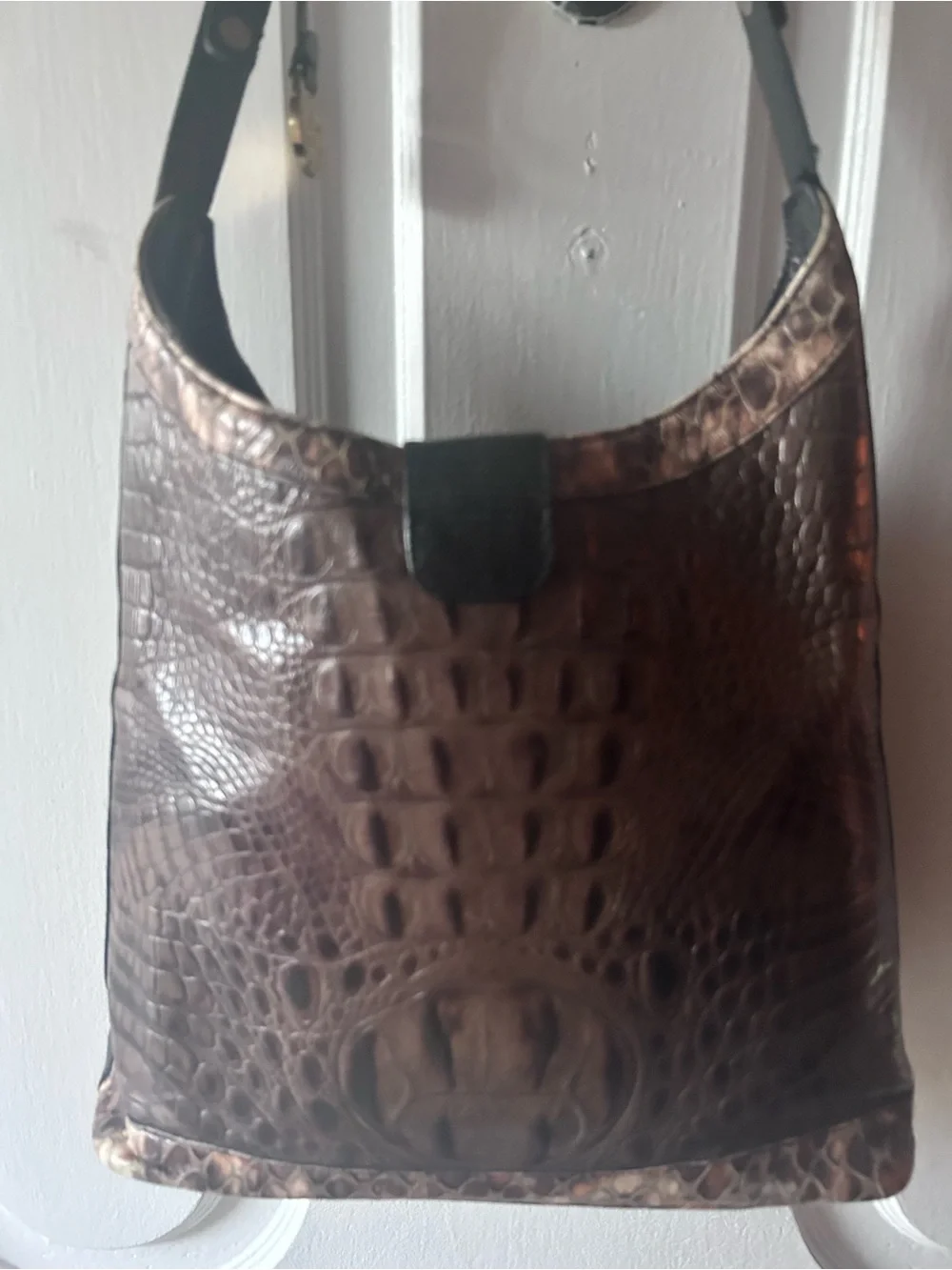 Brahmin Kendall VTG Brown Crocodile Leather Tan Black Trim Shoulder Purse Tote